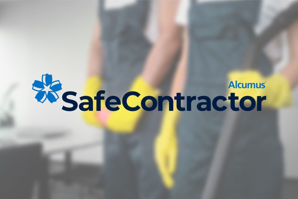 SafeContractor accreditation badge over image of professional cleaners