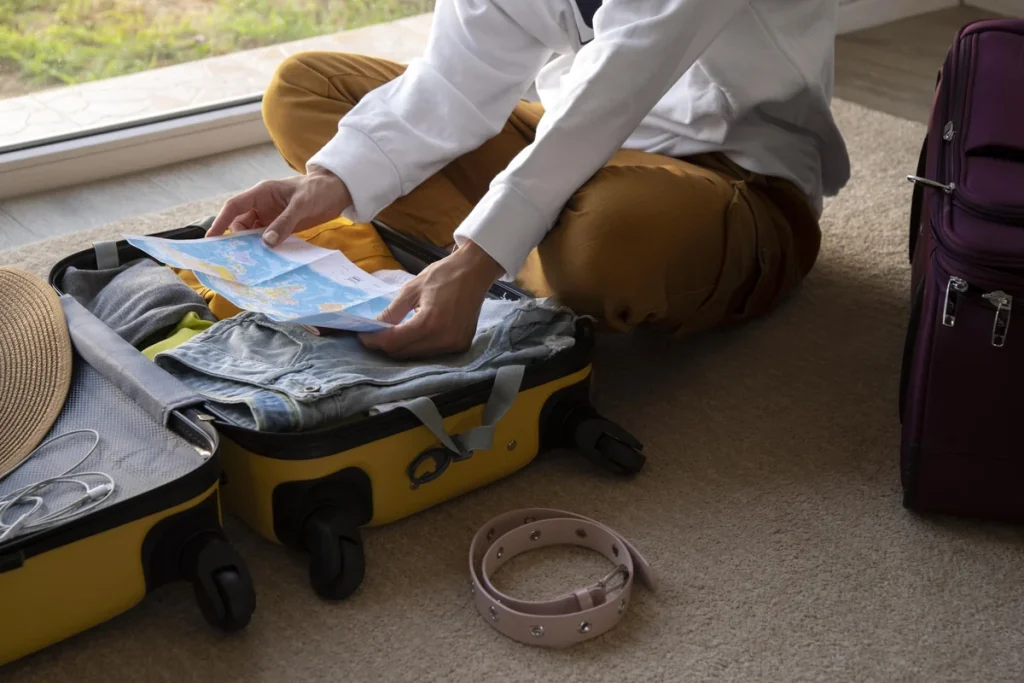 Open yellow suitcase with clothes, map, and travel accessories, symbolizing holiday travel preparations.