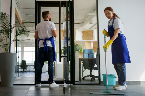 Professional commercial cleaners mopping a modern London office floor