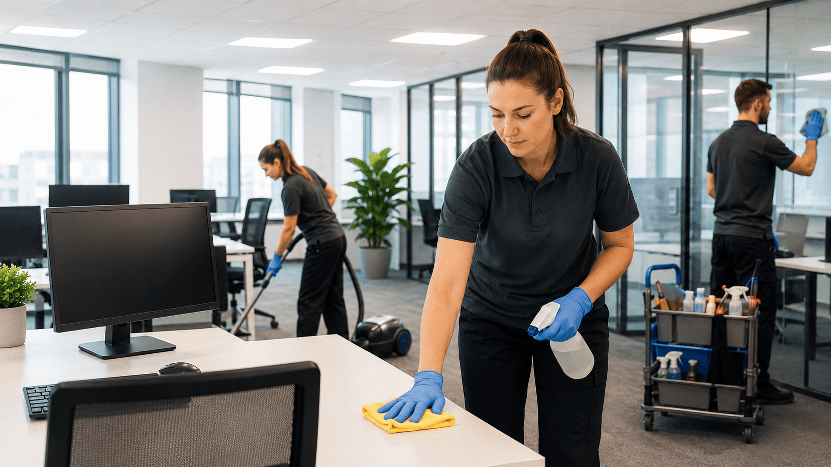 Professional commercial deep cleaning team working in a modern London office