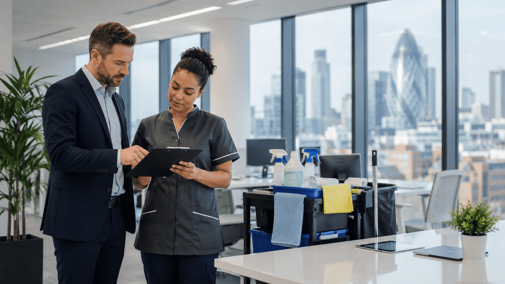 Office cleaning contract discussion in a modern London office with professional cleaner