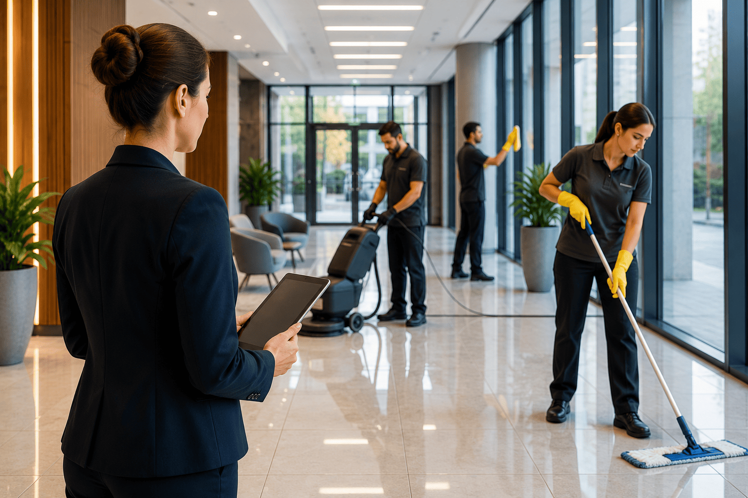 Property manager overseeing commercial cleaning team in a modern London building lobby