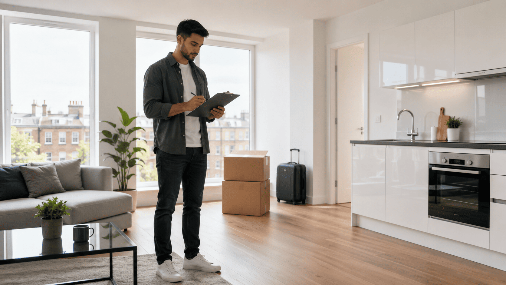 Tenant checking an end of tenancy cleaning checklist in a clean London flat