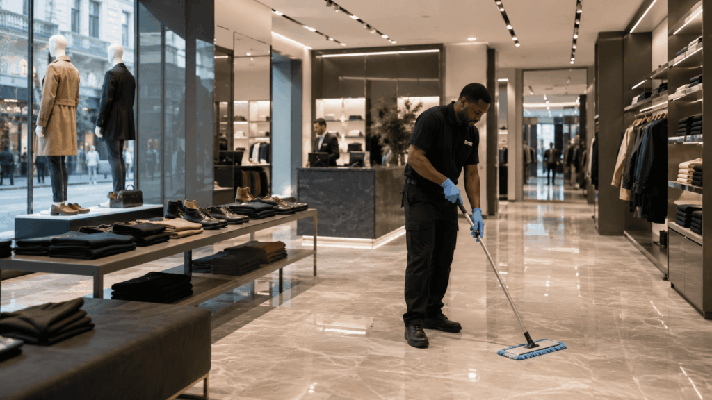 Professional cleaner mopping the floor in a modern retail store in London