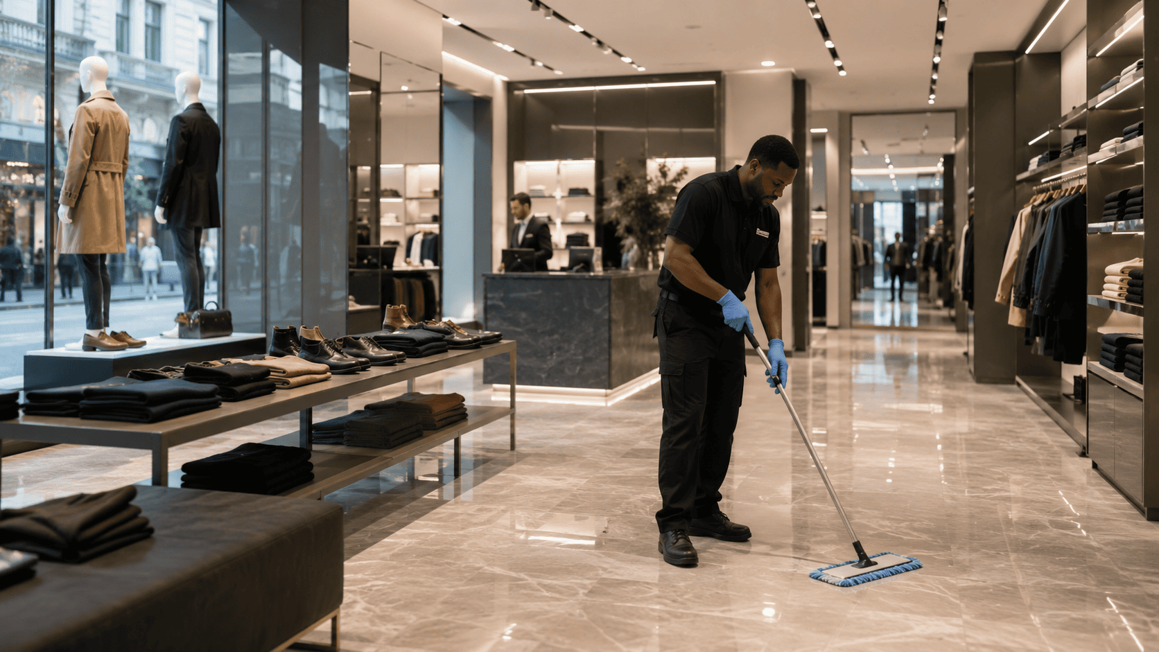 Professional cleaner mopping the floor in a modern retail store in London