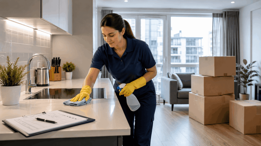 Professional cleaner preparing a London flat for end of tenancy cleaning
