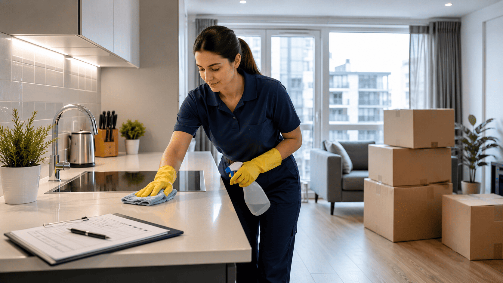 Professional cleaner preparing a London flat for end of tenancy cleaning