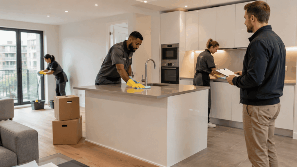 Landlord inspecting a rental property while professional cleaners prepare it for new tenants