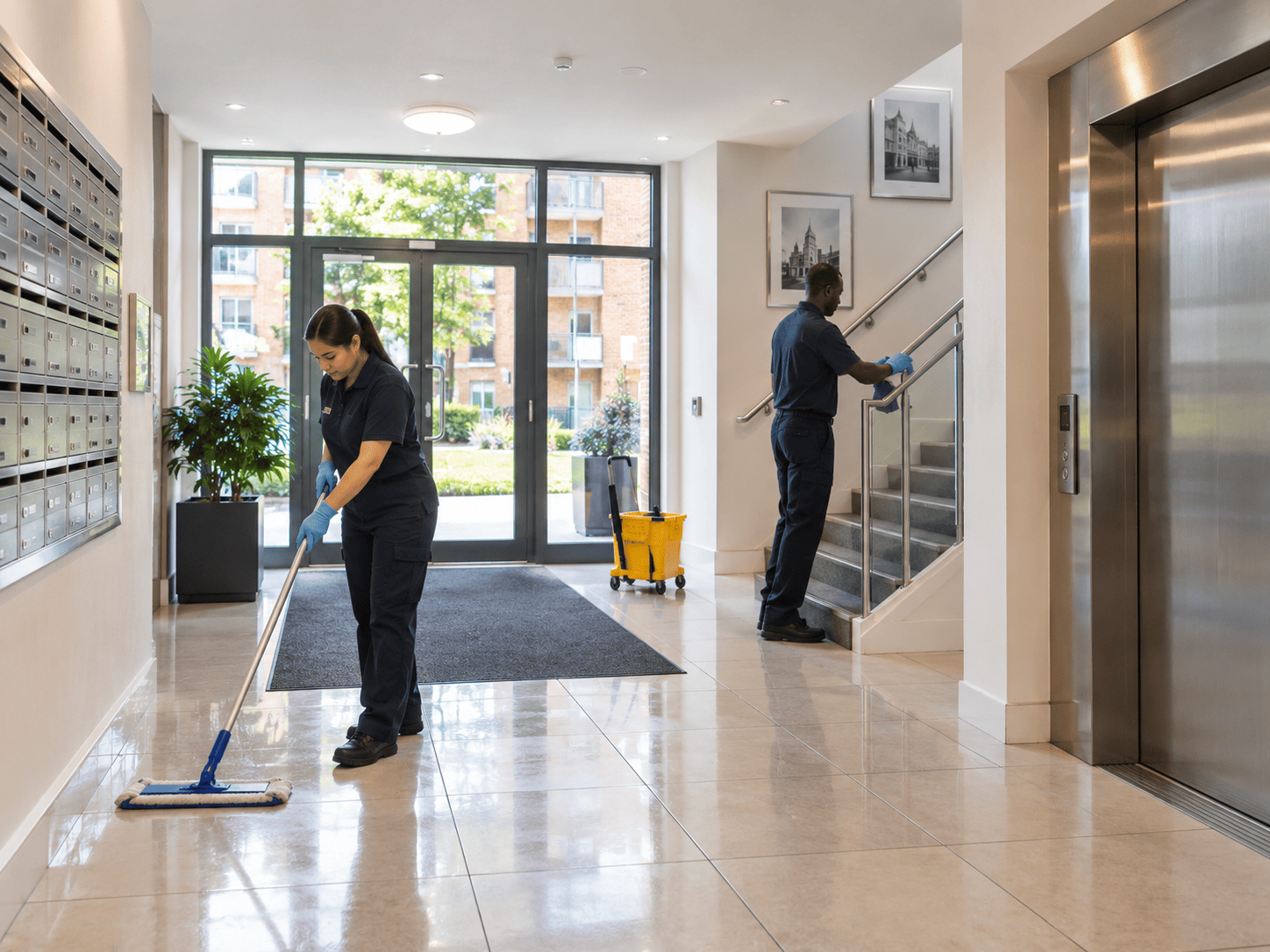 Professional cleaners maintaining communal areas in a modern London apartment block