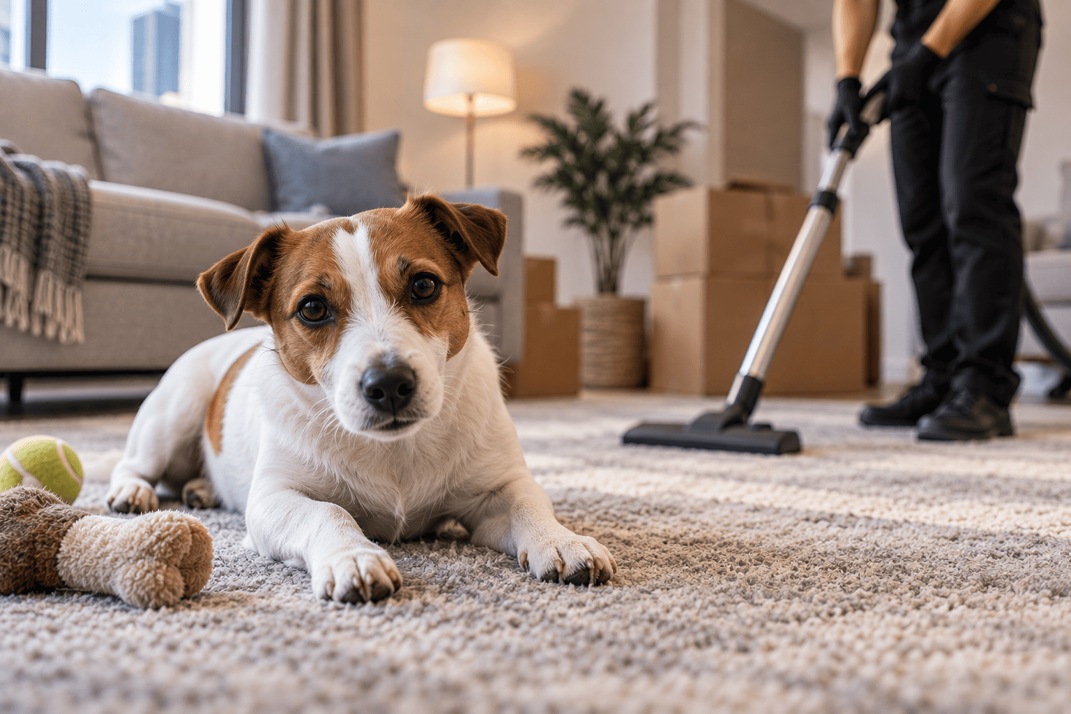 Jack Russell dog on a carpet during end of tenancy cleaning after pets in a London flat