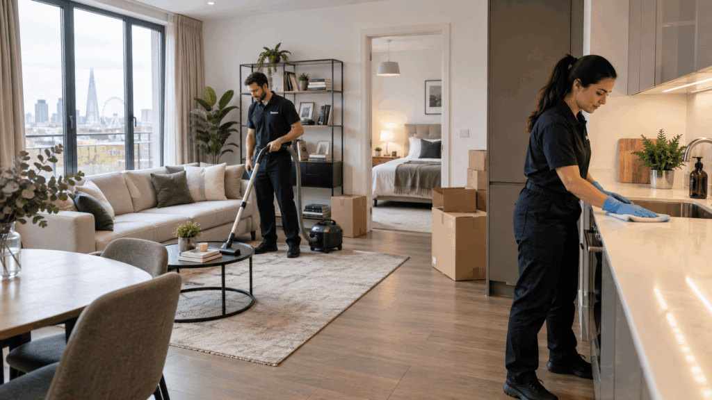 Professional cleaners preparing a furnished London flat for end of tenancy cleaning