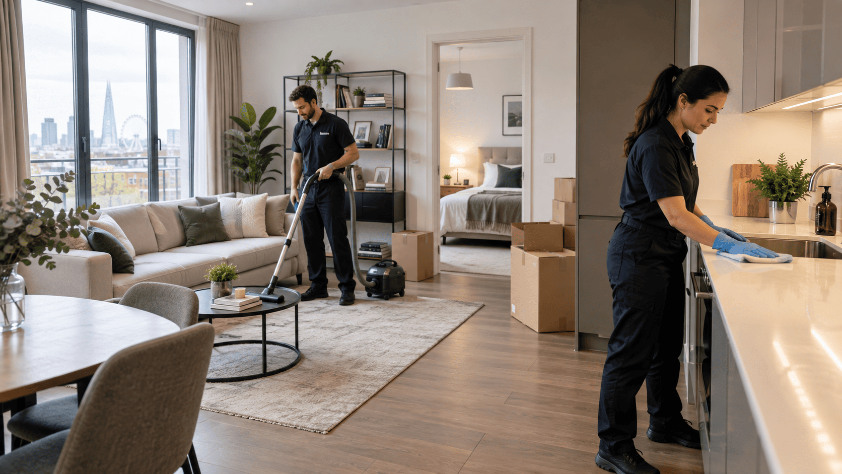 Professional cleaners preparing a furnished London flat for end of tenancy cleaning