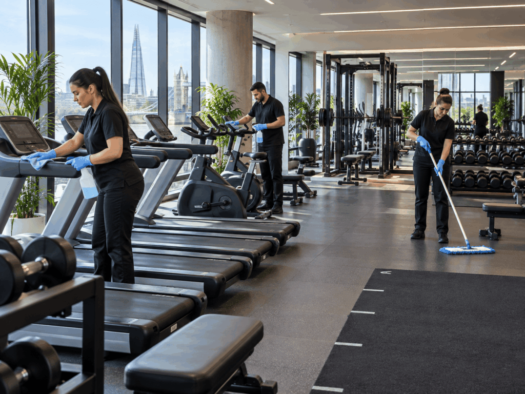 Professional cleaners sanitising gym equipment and mopping floors in a modern London fitness facility