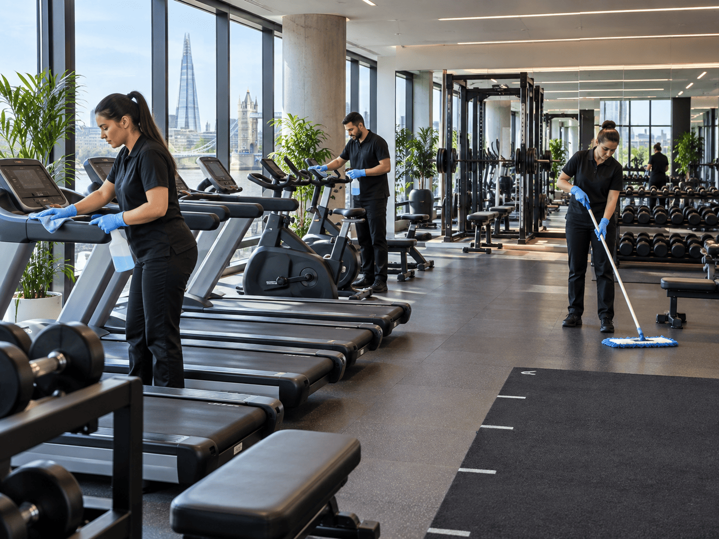 Professional cleaners sanitising gym equipment and mopping floors in a modern London fitness facility